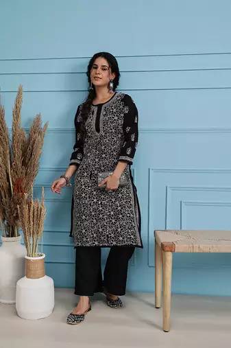 Hand Embroidered Black Cotton Lucknow Chikan Women Kurta