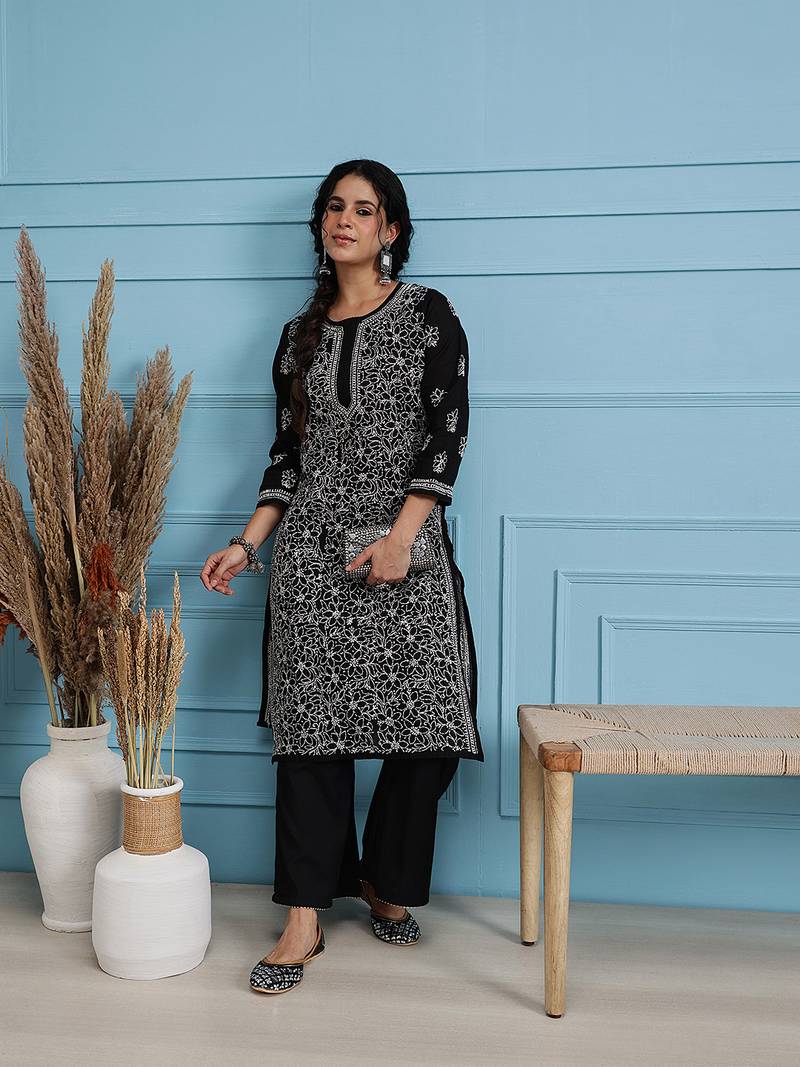 Hand Embroidered Black Cotton Lucknow Chikan Women Kurta
