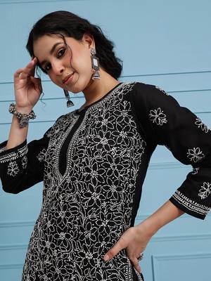 Hand Embroidered Black Cotton Lucknow Chikan Women Kurta 5