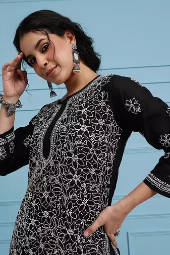 Hand Embroidered Black Cotton Lucknow Chikan Women Kurta