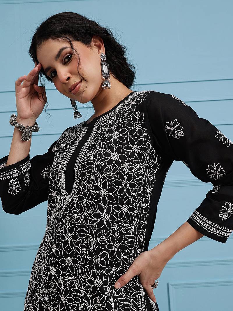 Hand Embroidered Black Cotton Lucknow Chikan Women Kurta