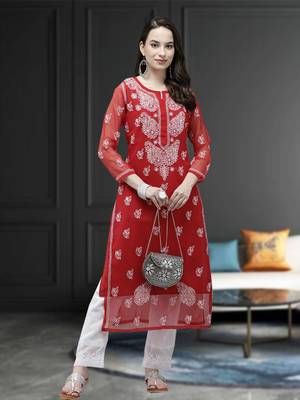 ADA Hand Crafted Red Georgette Lucknowi Chikankari Indian Women Kurta With Slip - A411289 1