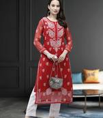 ADA Hand Crafted Red Georgette Lucknowi Chikankari Indian Women Kurta With Slip - A411289