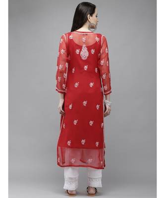 ADA Hand Crafted Red Georgette Lucknowi Chikankari Indian Women Kurta With Slip - A411289 2
