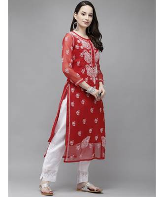 ADA Hand Crafted Red Georgette Lucknowi Chikankari Indian Women Kurta With Slip - A411289 3