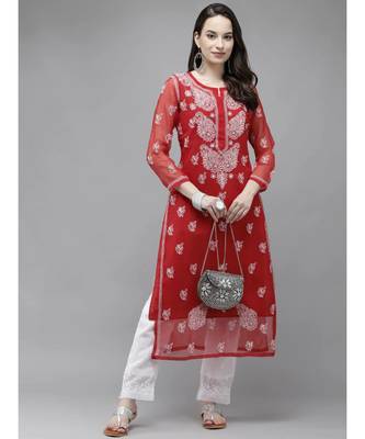 ADA Hand Crafted Red Georgette Lucknowi Chikankari Indian Women Kurta With Slip - A411289 4