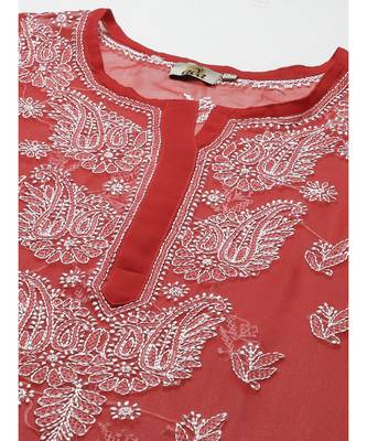 ADA Hand Crafted Red Georgette Lucknowi Chikankari Indian Women Kurta With Slip - A411289 5