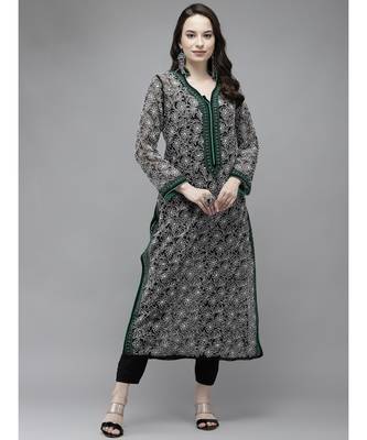 Ada Hand Embroidered Black Georgette Lucknow Chikankari Women Kurta - A411270 1