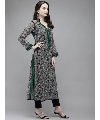 Ada Hand Embroidered Black Georgette Lucknow Chikankari Women Kurta - A411270 3