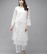 Women Hand Embroidered White Organza Lucknowi Chikankari Kurta With Slip