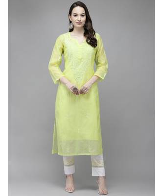Embroidered Green Kota Lucknow Chikankari Kurta/Slip With Muqaish Work 1