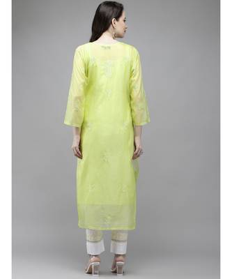 Embroidered Green Kota Lucknow Chikankari Kurta/Slip With Muqaish Work 2