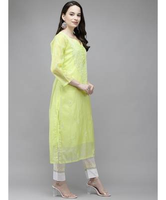 Embroidered Green Kota Lucknow Chikankari Kurta/Slip With Muqaish Work 3