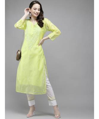 Embroidered Green Kota Lucknow Chikankari Kurta/Slip With Muqaish Work 4