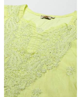 Embroidered Green Kota Lucknow Chikankari Kurta/Slip With Muqaish Work 5