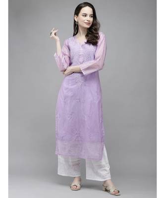 Ada Women Hand Embroidered Mauve Kota Lucknow Chikankari Kurta/Slip With Muqaish Work - A411290 1