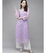 Ada Women Hand Embroidered Mauve Kota Lucknow Chikankari Kurta/Slip With Muqaish Work - A411290