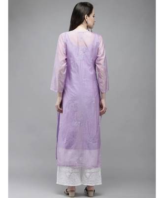Ada Women Hand Embroidered Mauve Kota Lucknow Chikankari Kurta/Slip With Muqaish Work - A411290 2