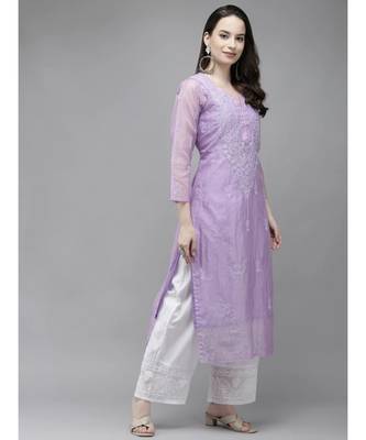 Ada Women Hand Embroidered Mauve Kota Lucknow Chikankari Kurta/Slip With Muqaish Work - A411290 3