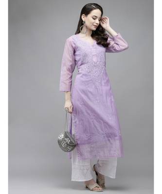 Ada Women Hand Embroidered Mauve Kota Lucknow Chikankari Kurta/Slip With Muqaish Work - A411290 4