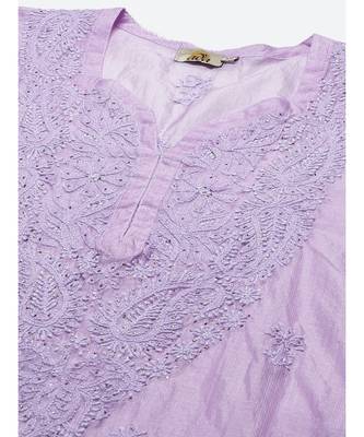 Ada Women Hand Embroidered Mauve Kota Lucknow Chikankari Kurta/Slip With Muqaish Work - A411290 5