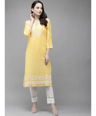 Ada Women Hand Embroidered Yellow Muslin Lucknowi Chikankari Kurta - A411295 1