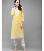 Ada Women Hand Embroidered Yellow Muslin Lucknowi Chikankari Kurta - A411295