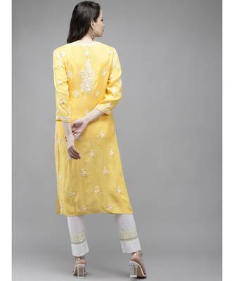 Ada Women Hand Embroidered Yellow Muslin Lucknowi Chikankari Kurta - A411295 2