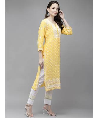 Ada Women Hand Embroidered Yellow Muslin Lucknowi Chikankari Kurta - A411295 3