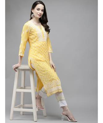 Ada Women Hand Embroidered Yellow Muslin Lucknowi Chikankari Kurta - A411295 4