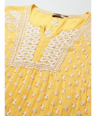 Ada Women Hand Embroidered Yellow Muslin Lucknowi Chikankari Kurta - A411295 5