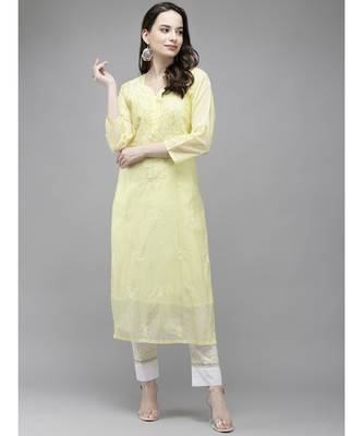 Ada Women Hand Embroidered Lemon Kota Lucknow Chikankari Kurta/Slip With Muqaish Work - A411293 1