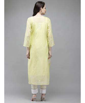 Ada Women Hand Embroidered Lemon Kota Lucknow Chikankari Kurta/Slip With Muqaish Work - A411293 2