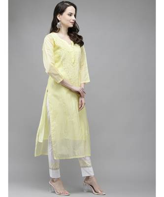 Ada Women Hand Embroidered Lemon Kota Lucknow Chikankari Kurta/Slip With Muqaish Work - A411293 3