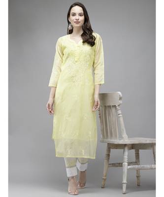 Ada Women Hand Embroidered Lemon Kota Lucknow Chikankari Kurta/Slip With Muqaish Work - A411293 4