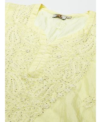 Ada Women Hand Embroidered Lemon Kota Lucknow Chikankari Kurta/Slip With Muqaish Work - A411293 5