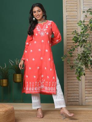 Women Hand Embroidered Coral Red Cotton Lucknow Chikan Kurta 1