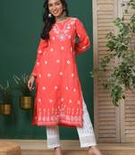 Women Hand Embroidered Coral Red Cotton Lucknow Chikan Kurta