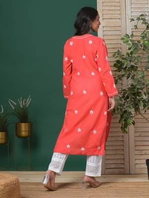Women Hand Embroidered Coral Red Cotton Lucknow Chikan Kurta 2