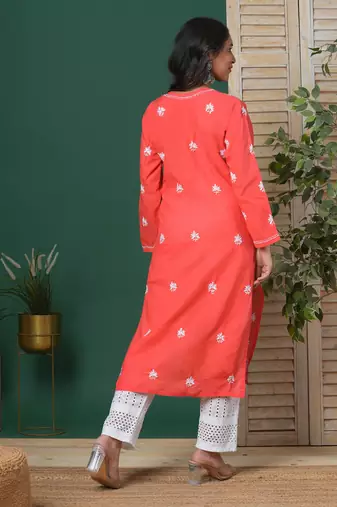 Women Hand Embroidered Coral Red Cotton Lucknow Chikan Kurta