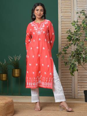 Women Hand Embroidered Coral Red Cotton Lucknow Chikan Kurta 3