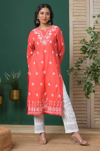 Women Hand Embroidered Coral Red Cotton Lucknow Chikan Kurta