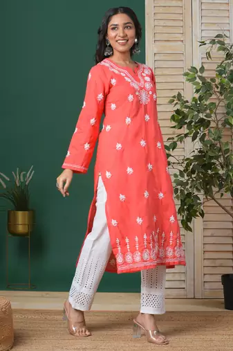 Women Hand Embroidered Coral Red Cotton Lucknow Chikan Kurta