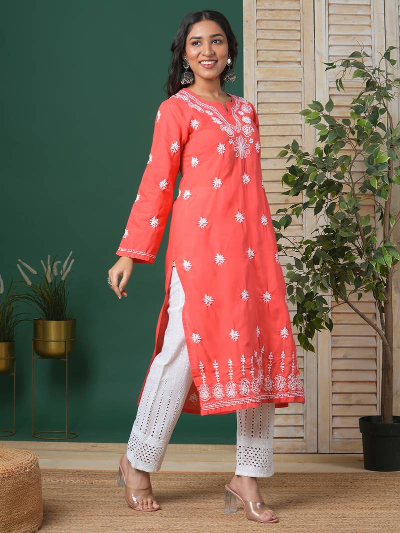 Women Hand Embroidered Coral Red Cotton Lucknow Chikan Kurta