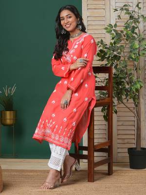 Women Hand Embroidered Coral Red Cotton Lucknow Chikan Kurta 5