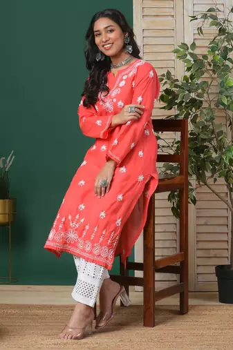Women Hand Embroidered Coral Red Cotton Lucknow Chikan Kurta