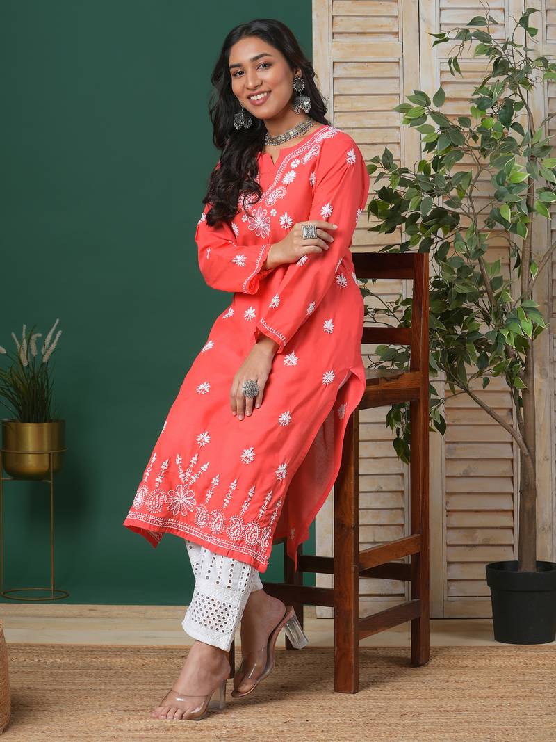Women Hand Embroidered Coral Red Cotton Lucknow Chikan Kurta