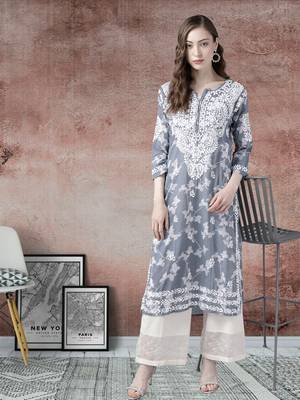 Women Hand Embroidered Grey Cotton Lucknowi Chikankari Indian Kurta 1