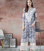 Women Hand Embroidered Grey Cotton Lucknowi Chikankari Indian Kurta
