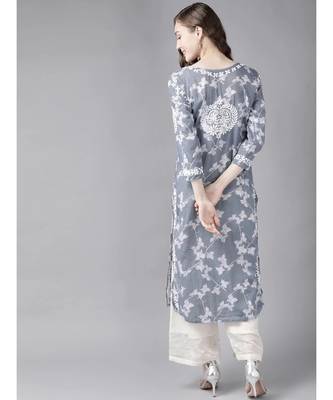 Women Hand Embroidered Grey Cotton Lucknowi Chikankari Indian Kurta 2